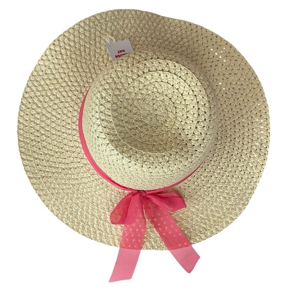 Straw Sun Beach Hat with Wide Brim Boho Chic Pink Coral Ribbon Bow Women OS - Picture 5 of 16